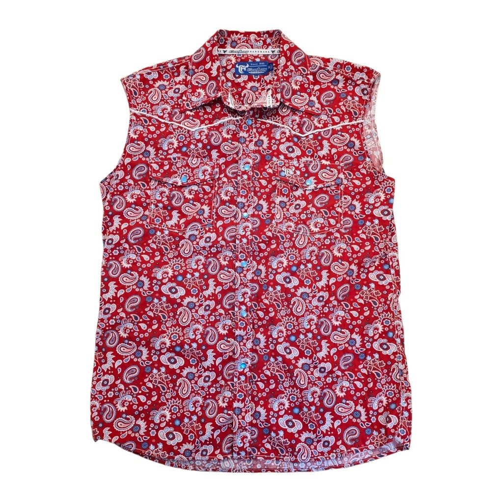 Cowboy Hardware Red White Blue Paisley Pearl Snap Western Sleeveless Shirt Sz M